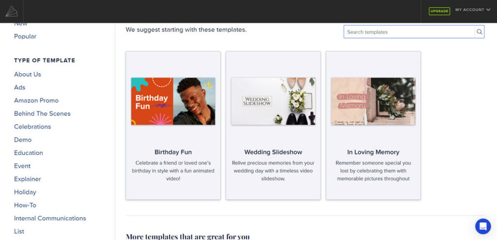 Animoto templates page