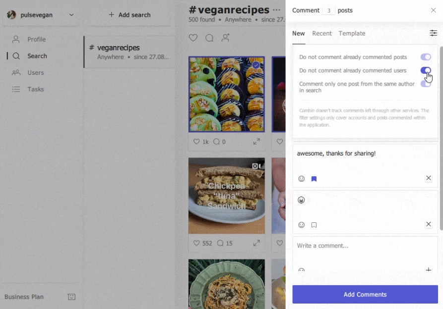 Automate similar comments on IG posts using Combin