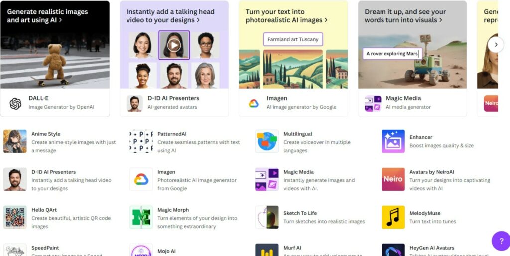 Canva AI Image Generator main dashboard selection