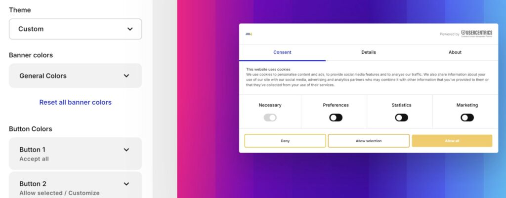 change button colors of cookiebot consent banner