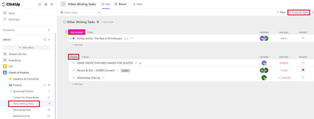ClickUp List progress tracking