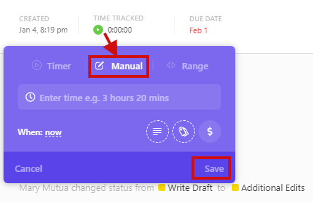 ClickUp manual time tracking