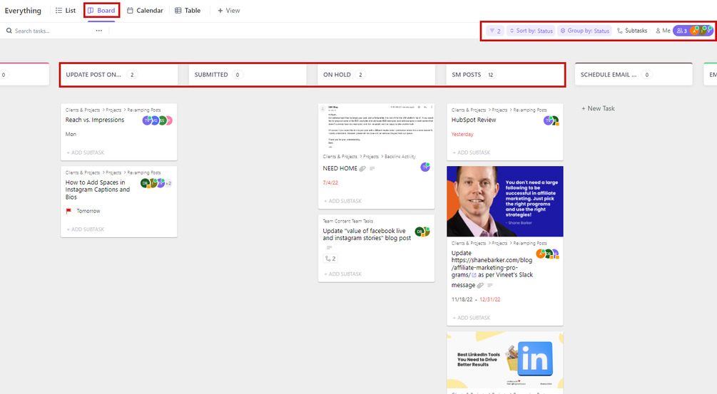 ClickUp progress reporting Board view