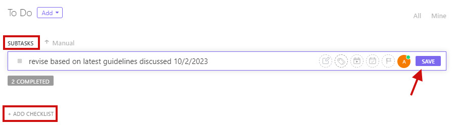 ClickUp subtasks and checklist items