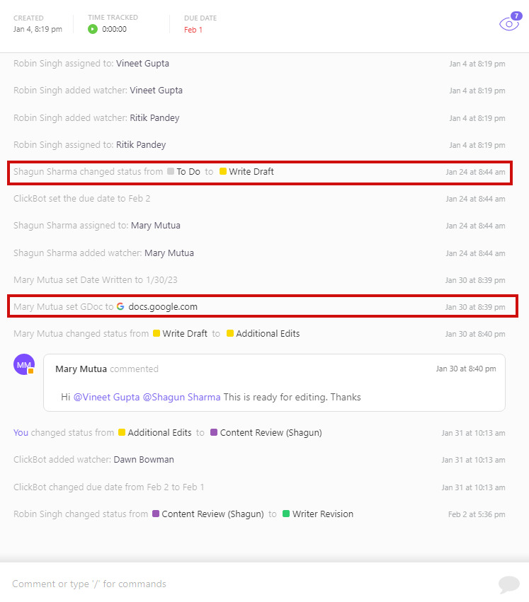 ClickUp task activity