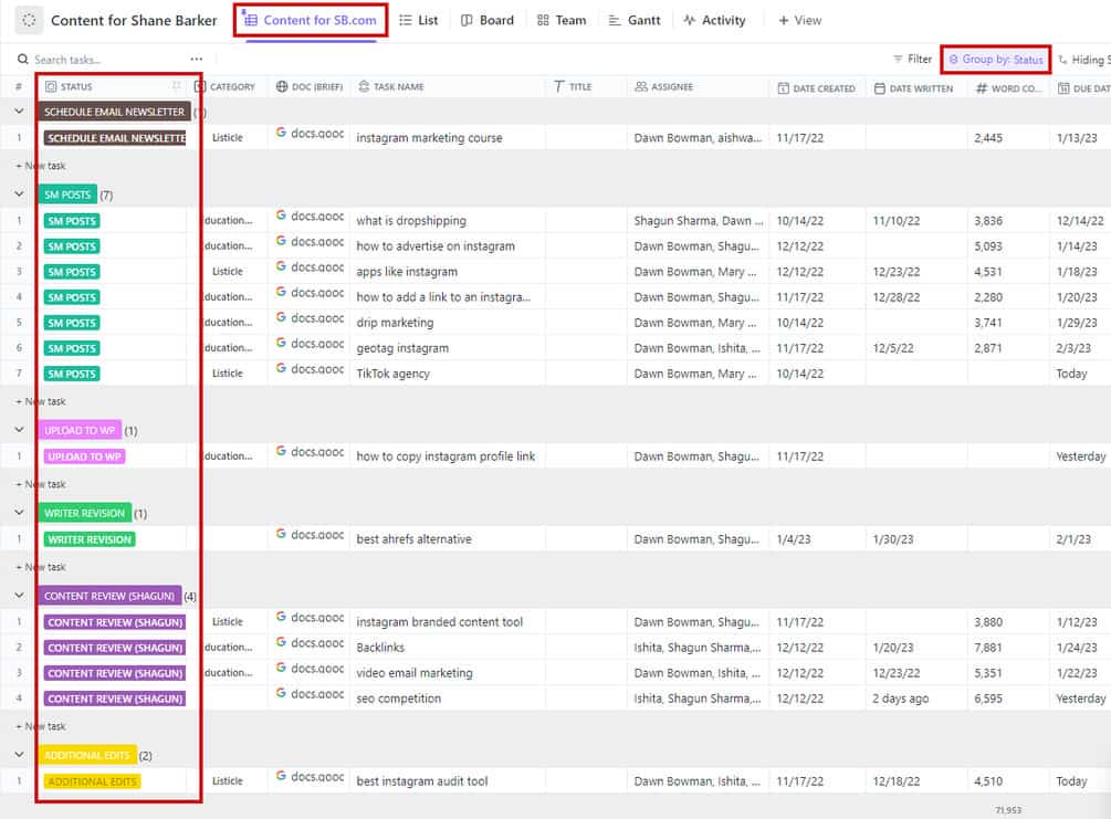 ClickUp task Status of a list