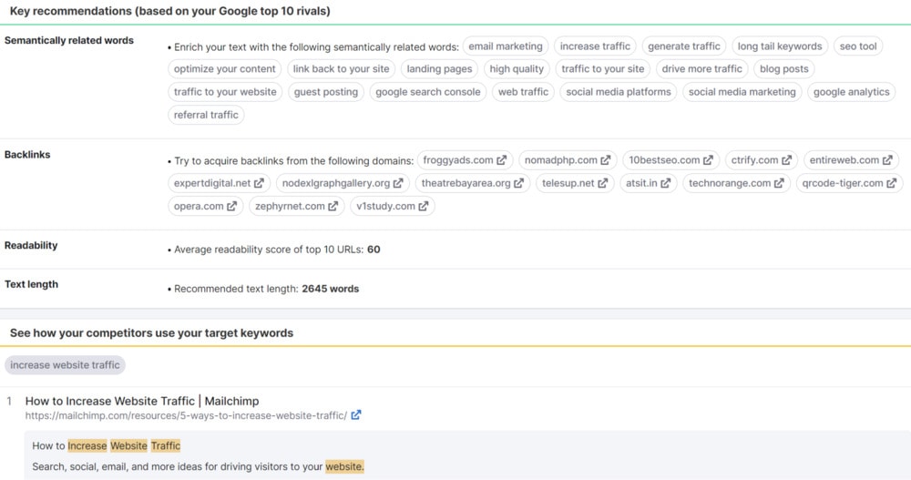 content optimization suggestions by semrush ai seo tool