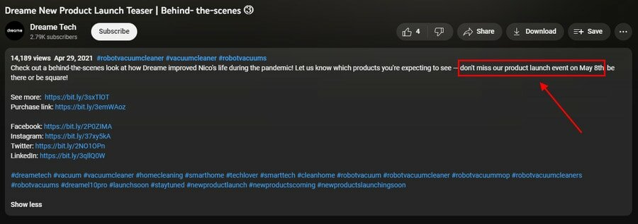 Dreame's YouTube teaser product launch idea