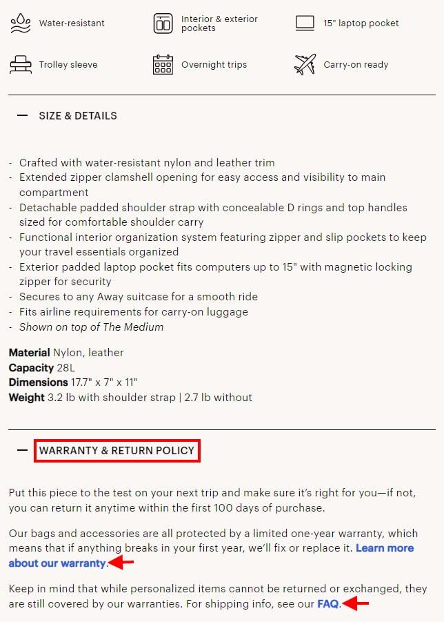 Ecommerce web design - warranty and return policy