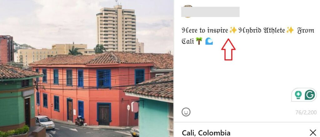 example of copy-pasting custom font text in Instagram post caption