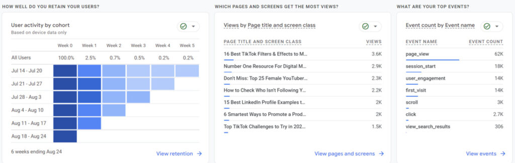 google analytics user engagement report and top pages report