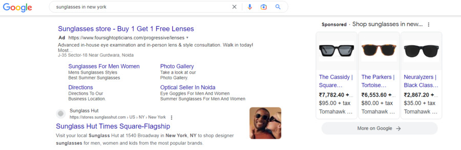 Google PPC ads for sunglasses in new york