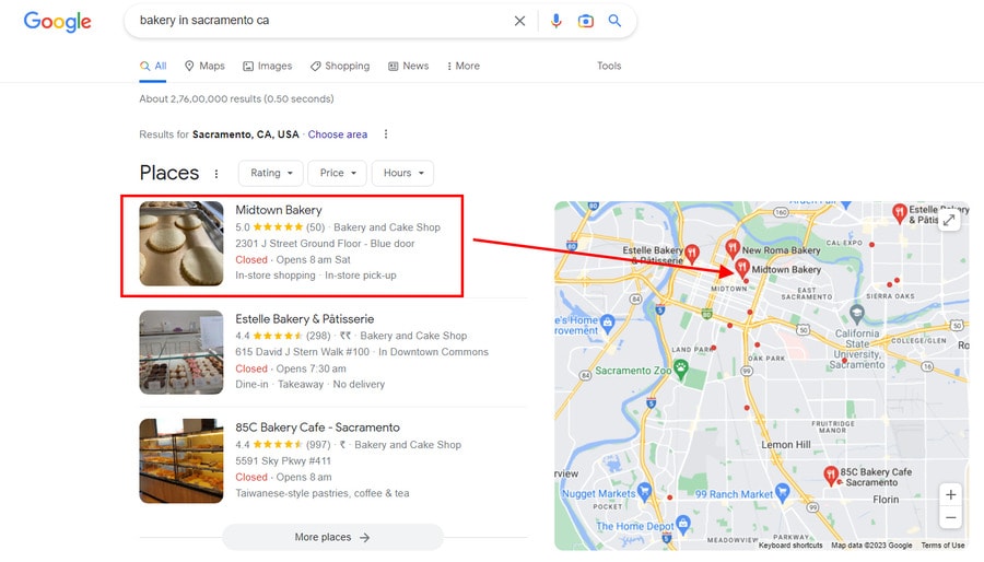 Google search results for bakery in Sacramento