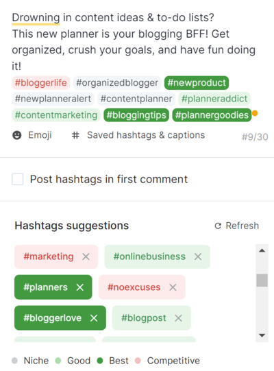 hashtag suggestions with competitive scores by Tailwind Hashtag Finder