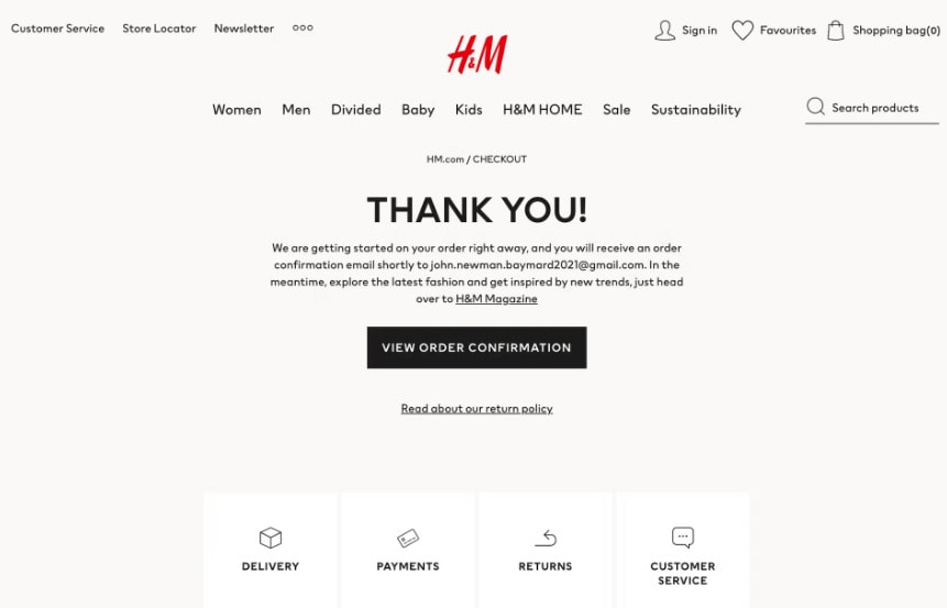 H&M order confirmation page design