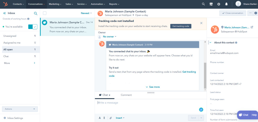 HubSpot email inbox and contacts