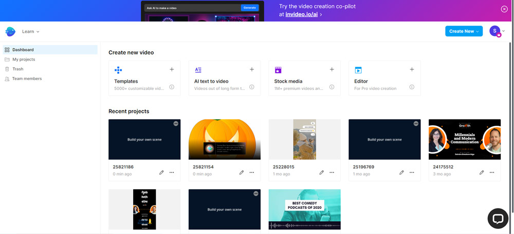 InVideo main dashboard