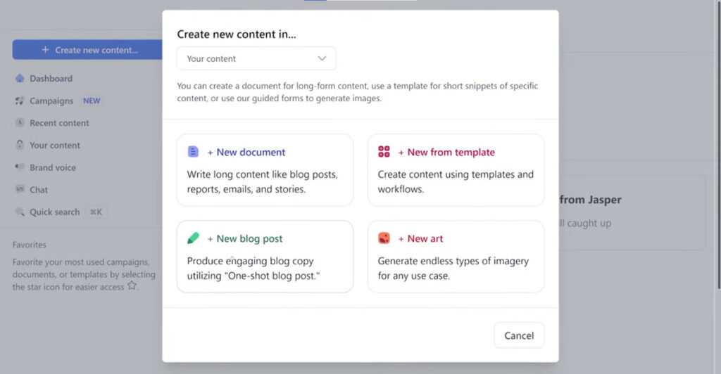 Jasper AI main dashboard and template selection