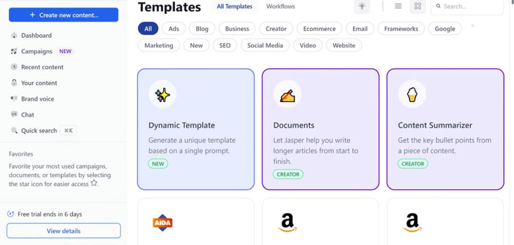 Jasper AI templates page