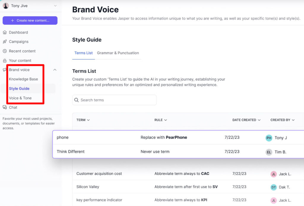 Jasper Brand voice settings