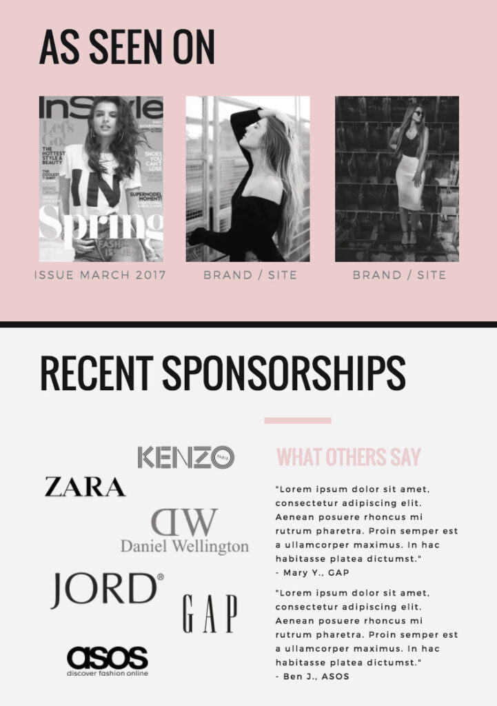 Media kit example that includes brand collaborations and testimonial