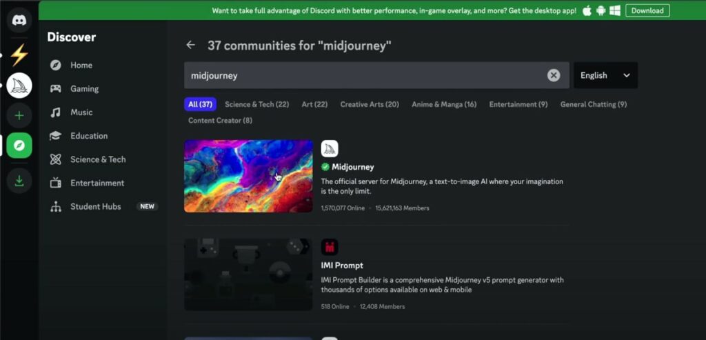 Midjourney main dashboard on Discord
