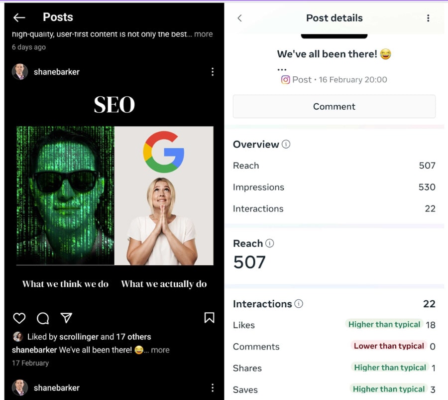 my instagram seo meme post and its performance metrics
