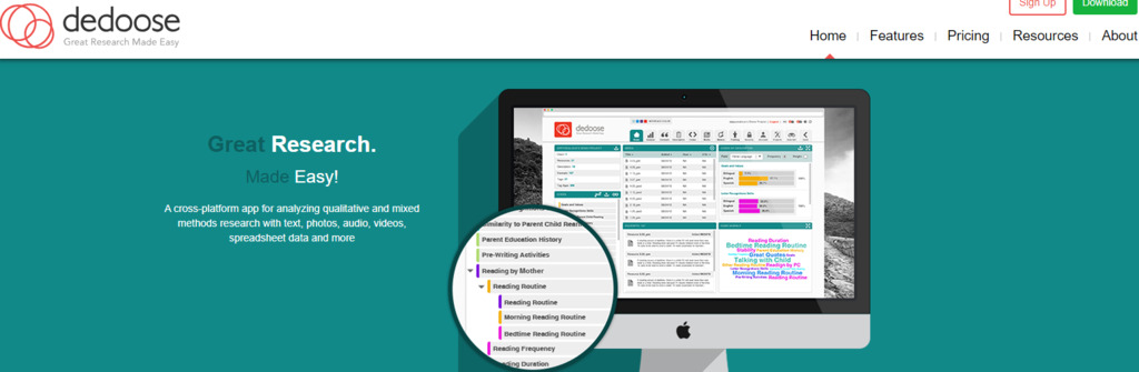 Navigational options on the start page of Dedoose website