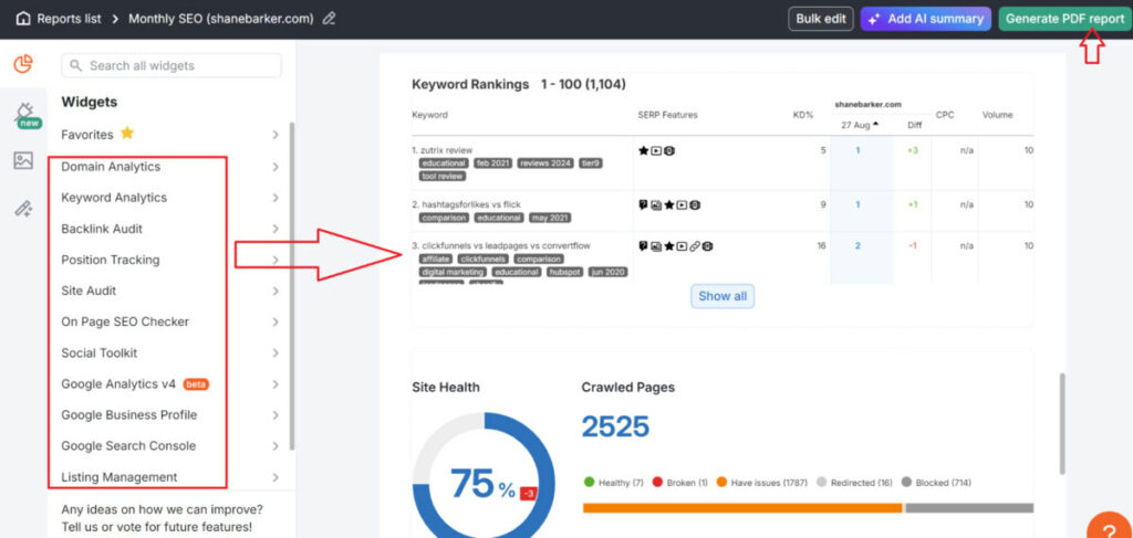 semrush seo report widgets