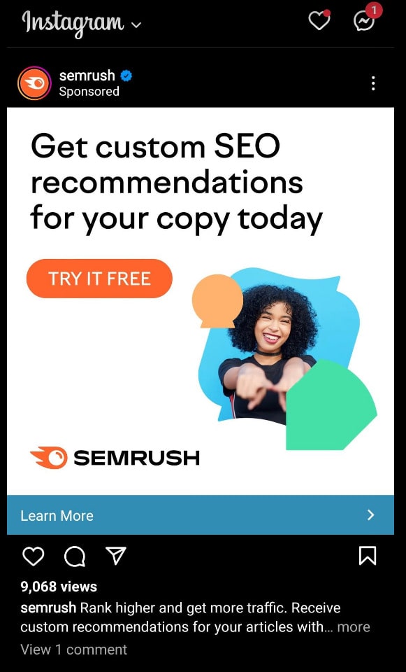 Semrush's retargeting ad on my Instagram feed