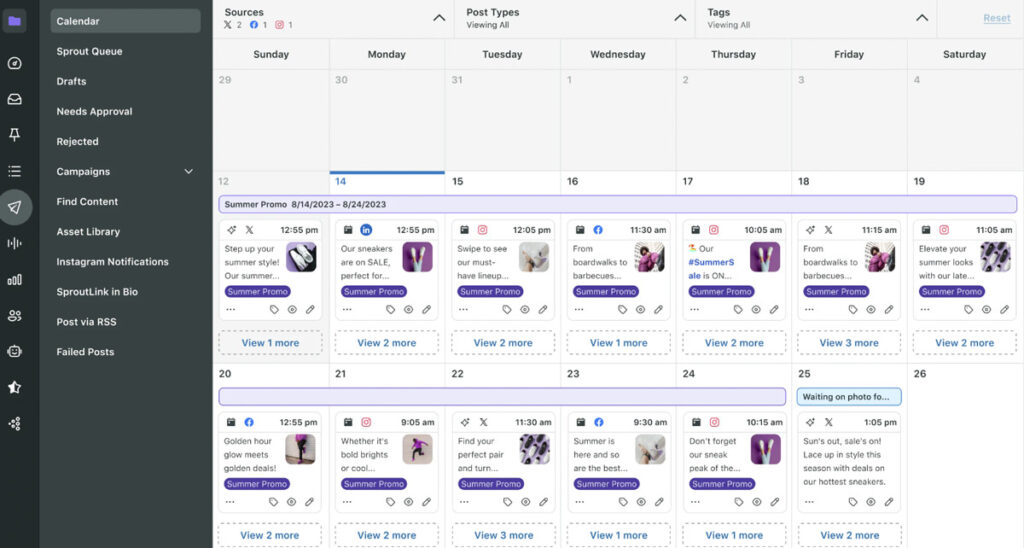 social media profiles and calendar on sprout social