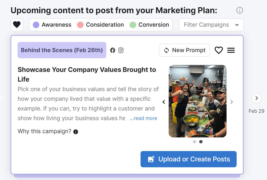 Tailwind's social media content prompts based on your marketing plan
