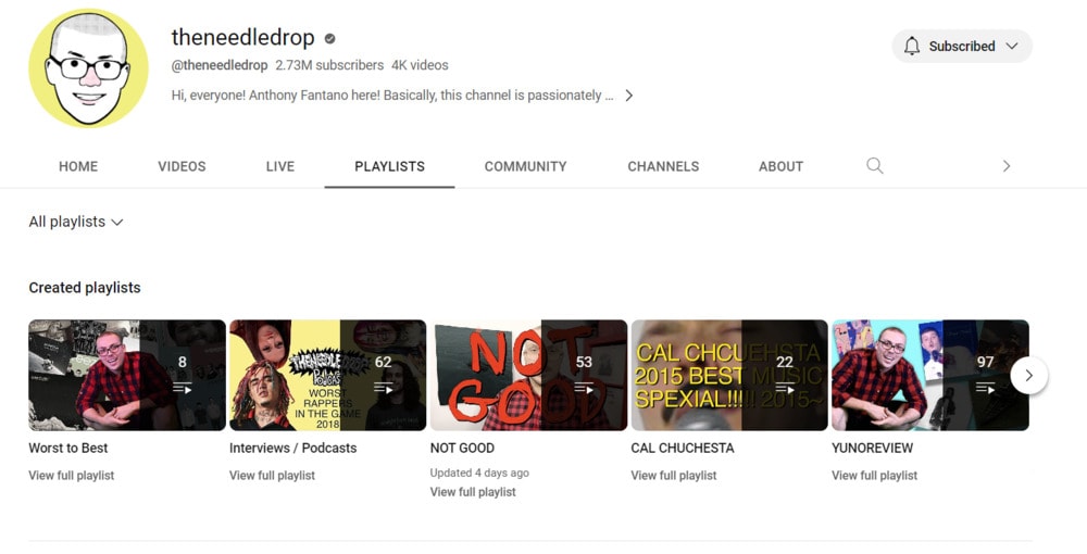 TheNeedleDrop Playlist page example