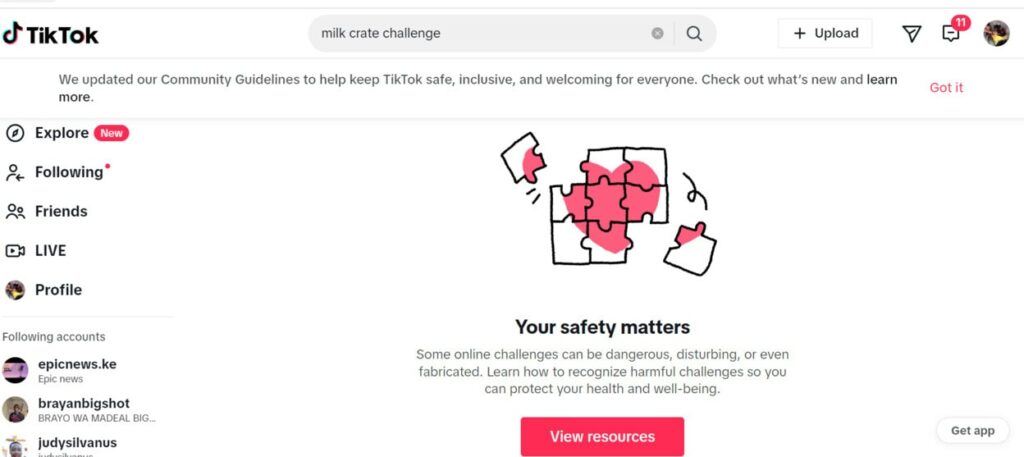 A TikTok search of the milk crate challenge, which is banned
