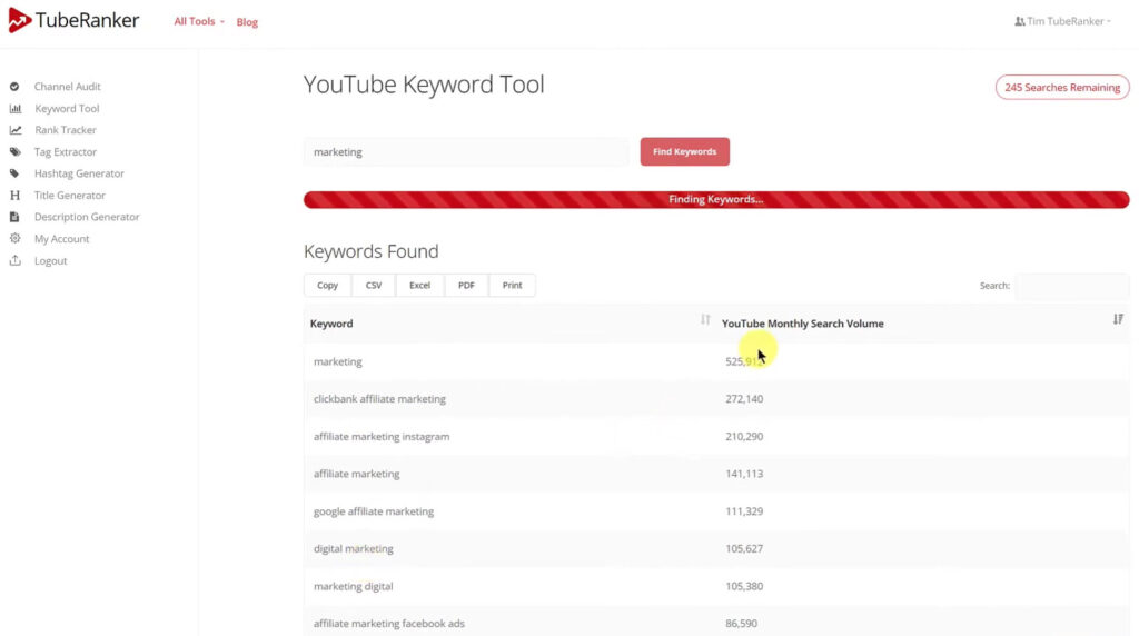 TubeRanker YouTube Keyword Tool dashboard