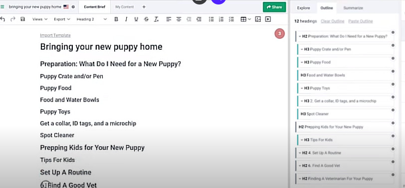 Using Frase.io tool to create a content outline