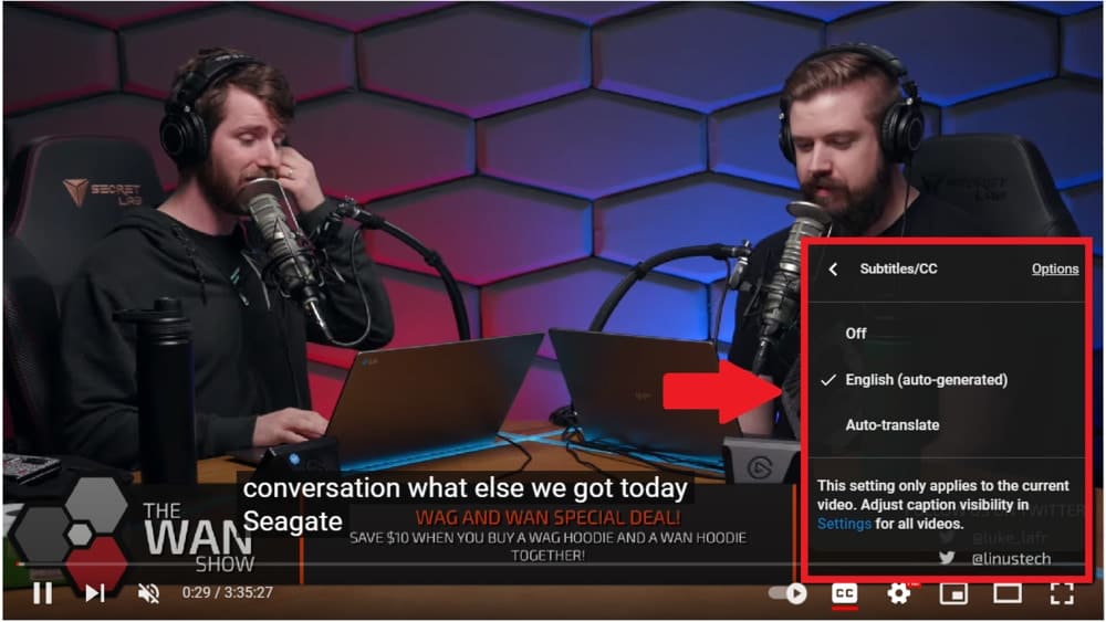 YouTube captions example