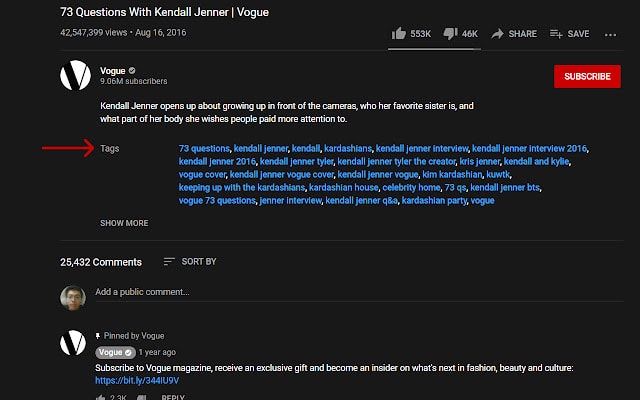 YouTube Tags example
