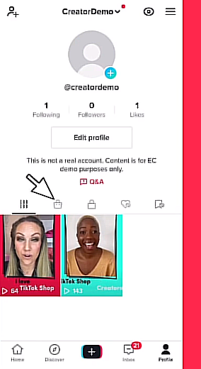 Clicking on the Shopping bag icon on a TikTok profile to access TikTok shop