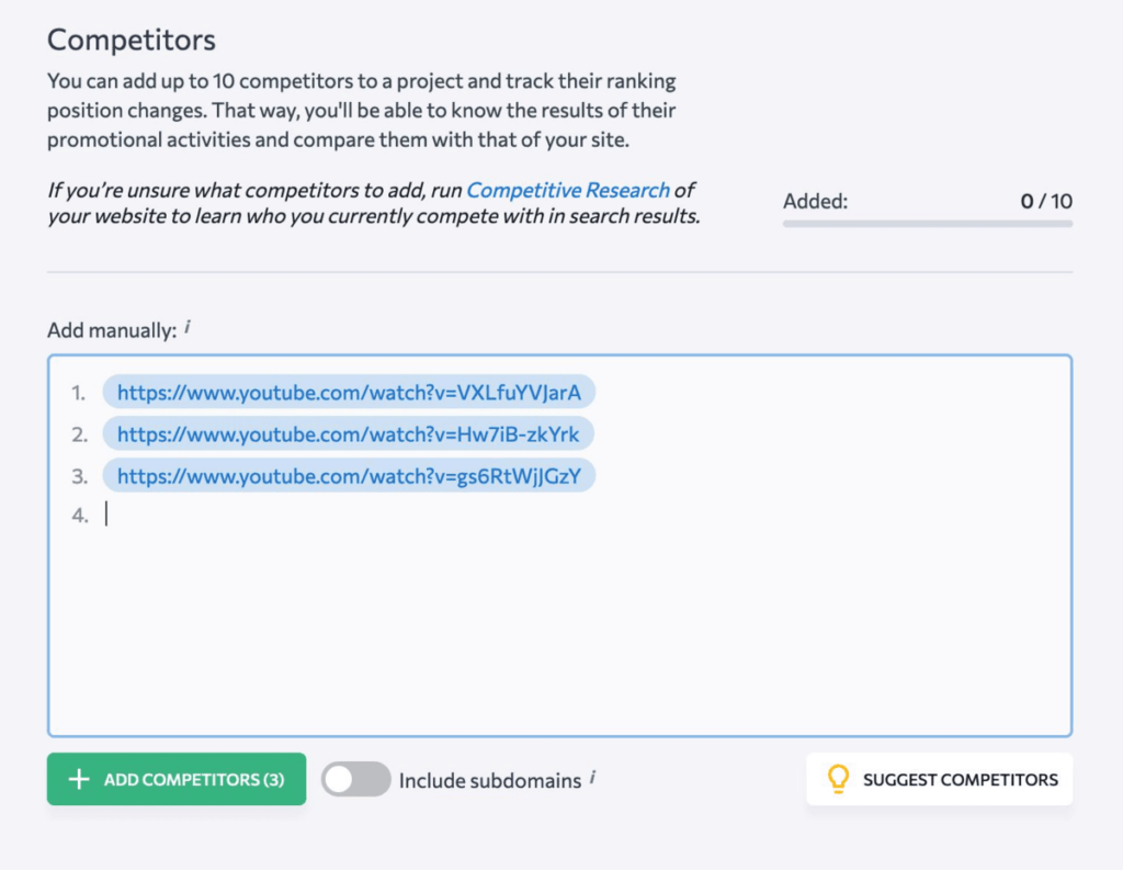 Adding YouTube Channel Competitors to SE Ranking