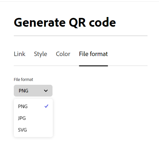 Adobe QR Code Generator Generate QR options