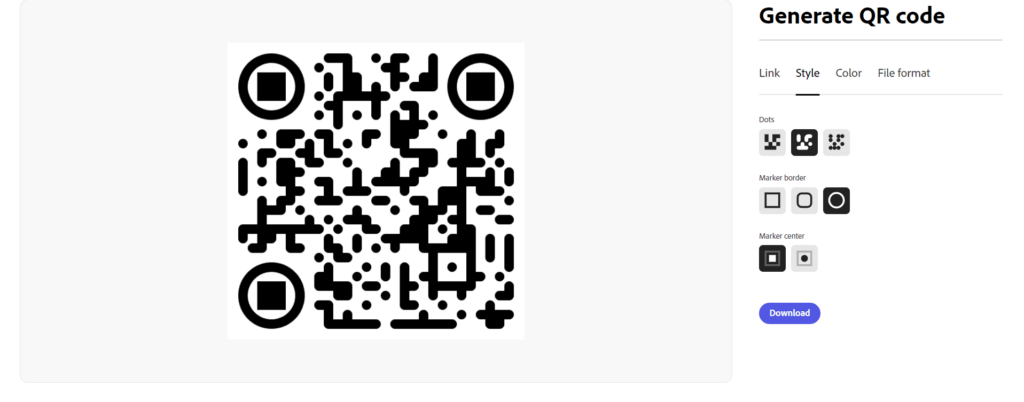 Adobe QR Code Generator Generate QR options
