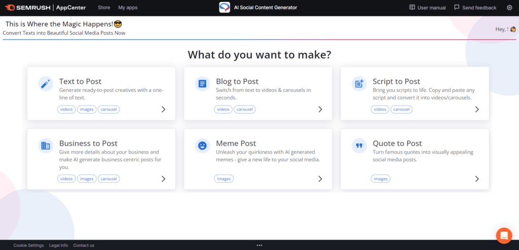 AI Social Content Generator main dashboard and themes