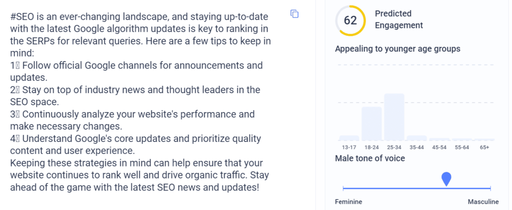 Anyword AI created social post with predicted engagement score