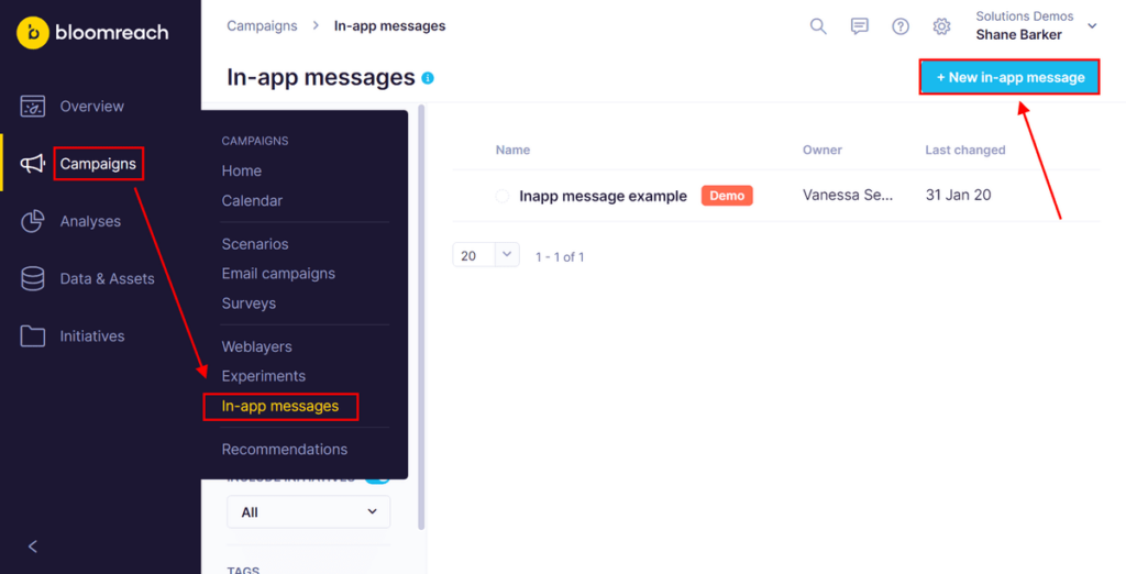 Bloomreach in-app messages campaign