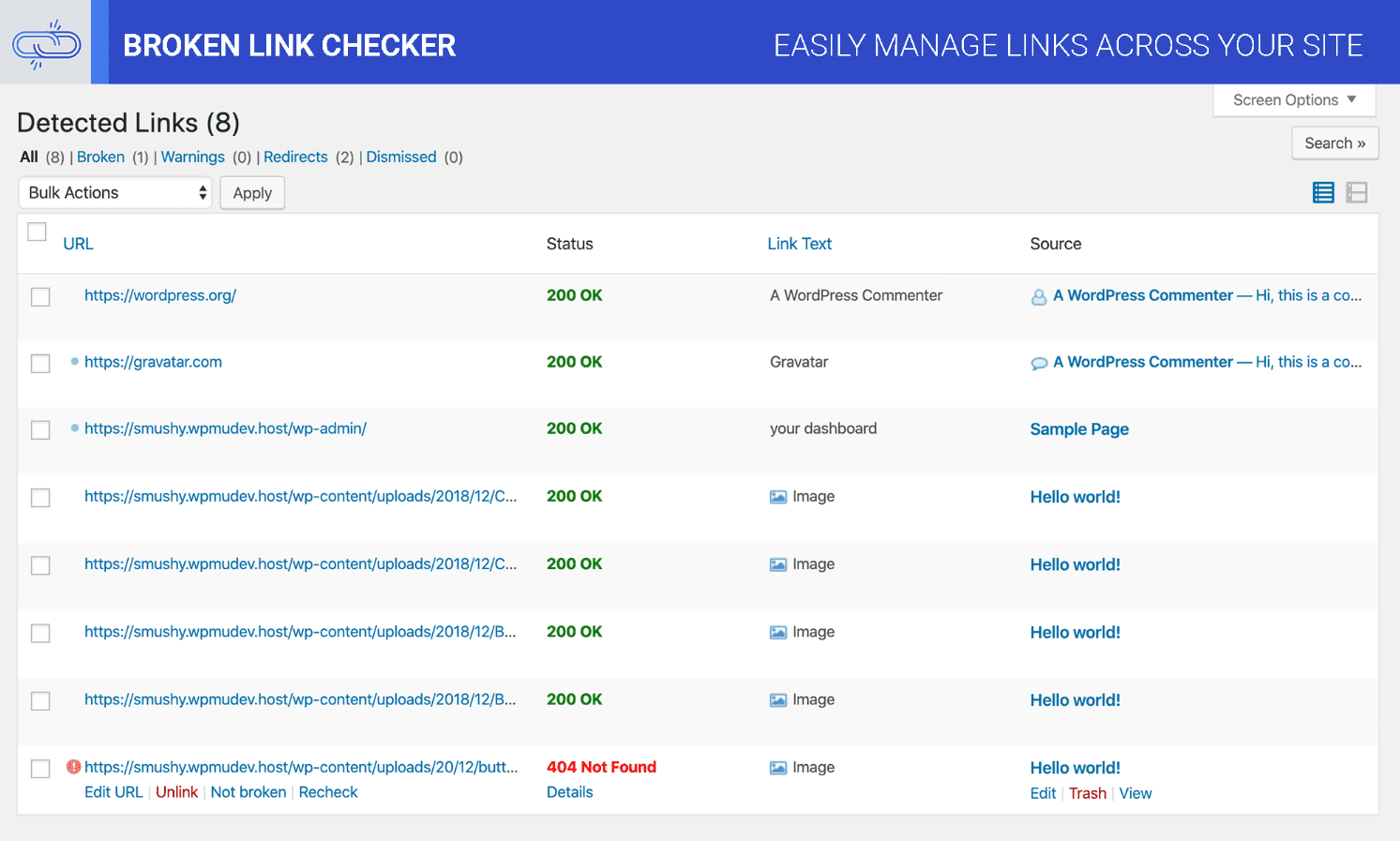 Broken Link Checker links detected