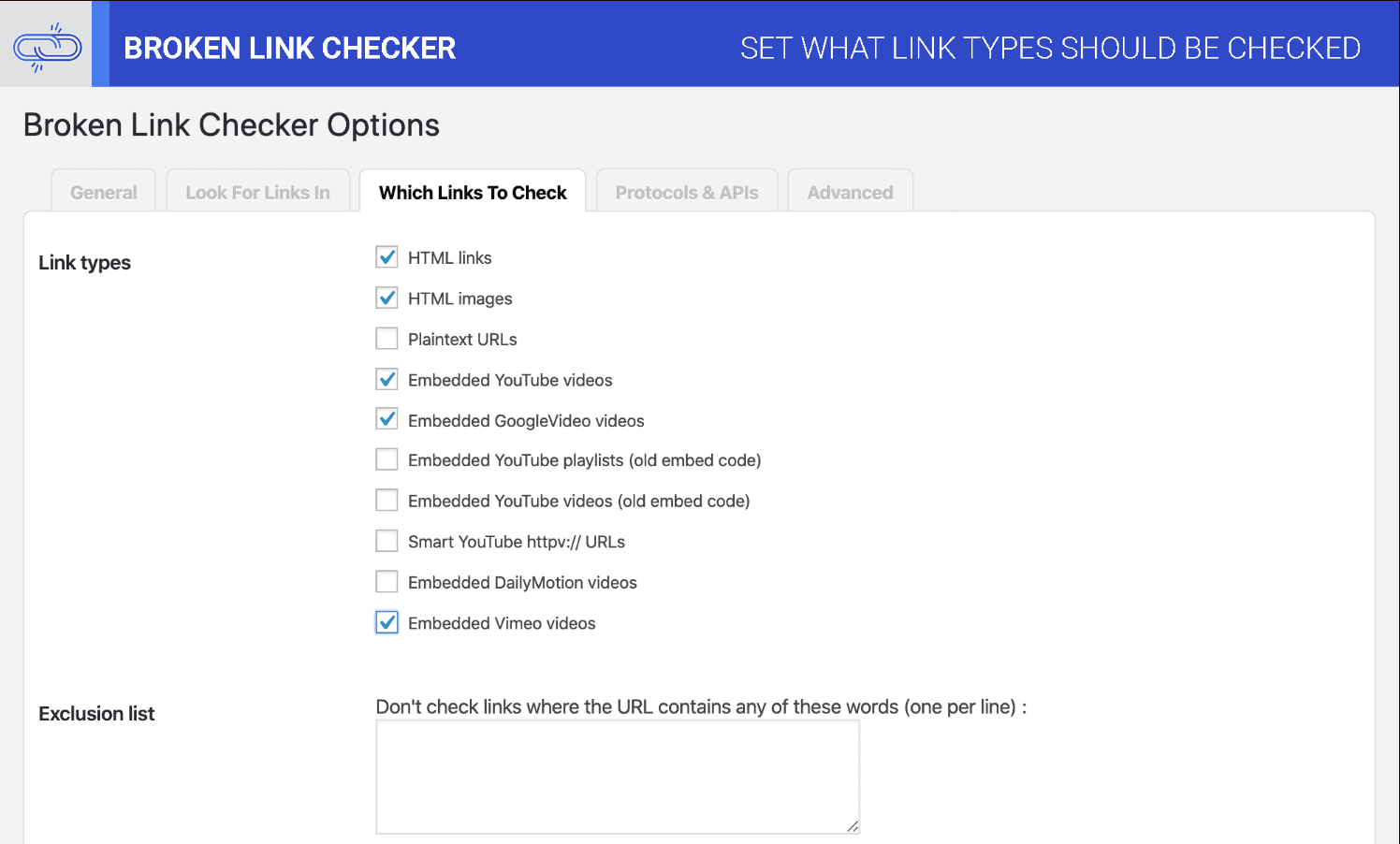 Broken Link Checker settings