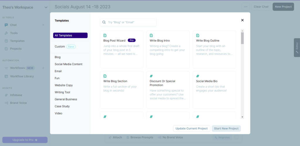 CopyAI templates options