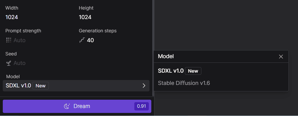 DreamStudio main image prompt and editor example