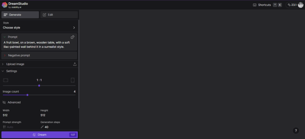 DreamStudio main image prompt and editor example
